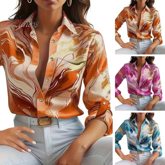 Women Shirt Lapel Long Sleeve Printing Shirt Tops Single Breasted Spring Autumn Commuter Style Blouse