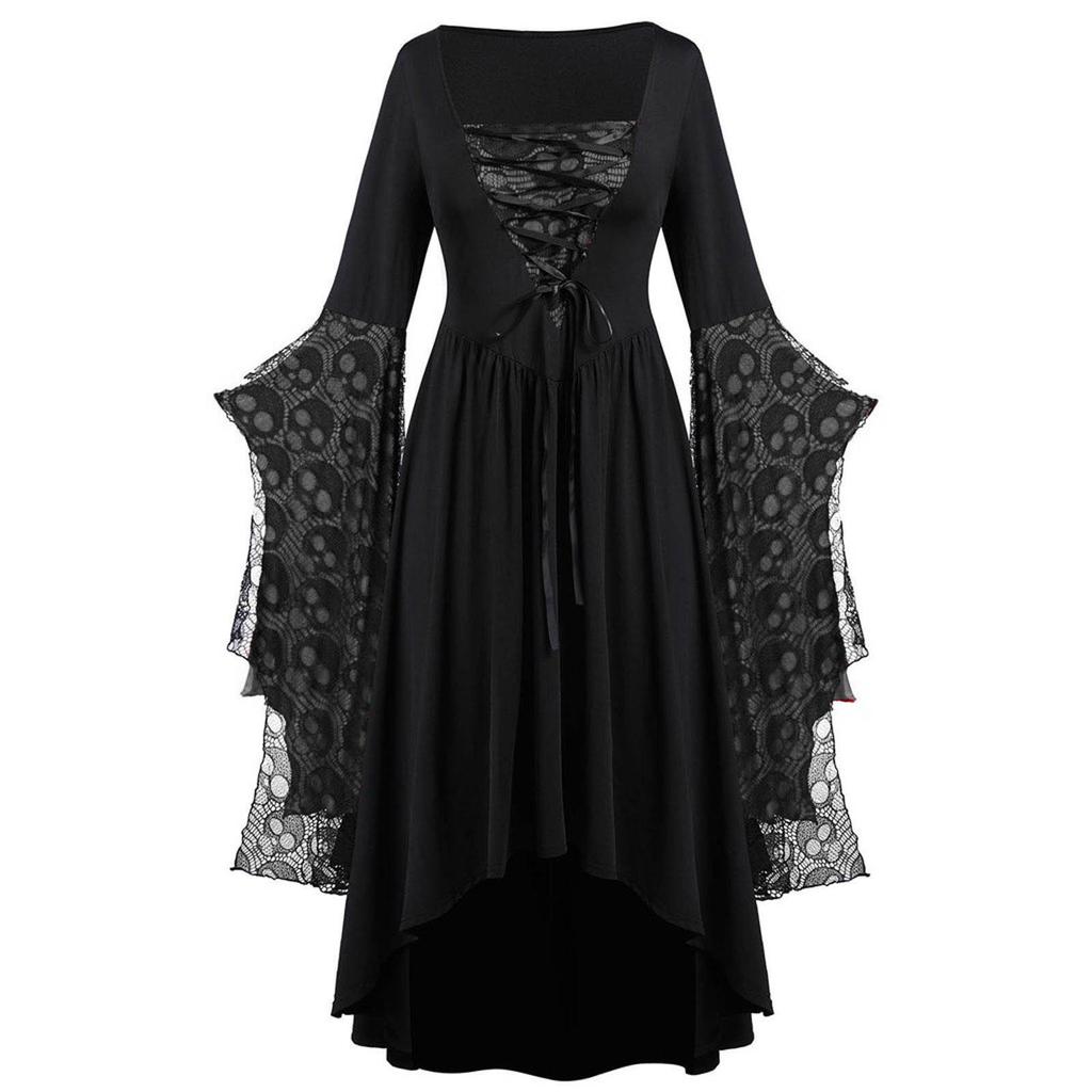 Renaissances Costume Gothic Lace Up Maxi Dress Medieval Dress with Trumpet Sleeves Wickeds Witch Costumes for Womens