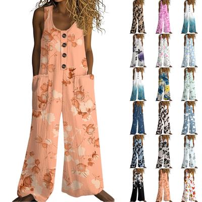 Women's Fashionable Casual Button-down Sleeveless Jumpsuit, Retro Floral Printed Cotton Pocket Jumpsuit