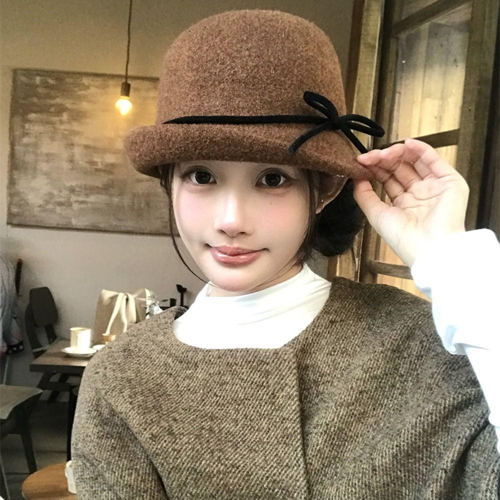 French Style Woolen Bucket Hat Bowknot Wool Fisherman Hat Elegant Hepburn Style Topper Hat  Travel