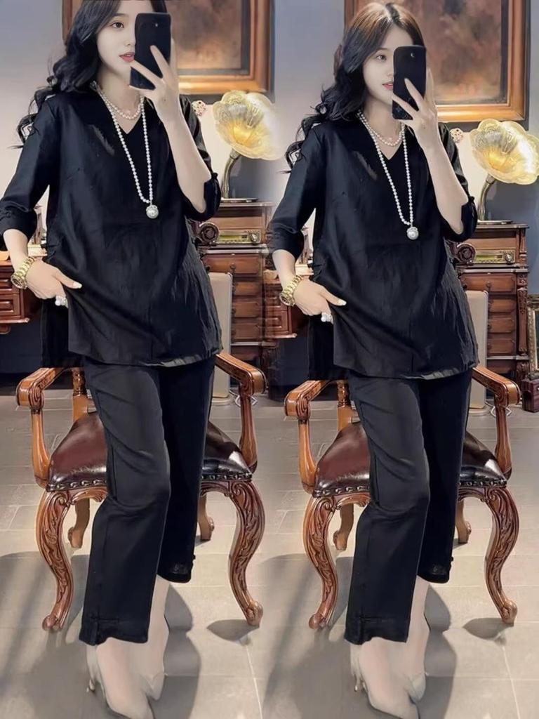 3023 Plus Size Chinese National Style Women's Frog Button Top & Casual Nine-Point Pants Set - Short Sleeve, Split Design for Summer