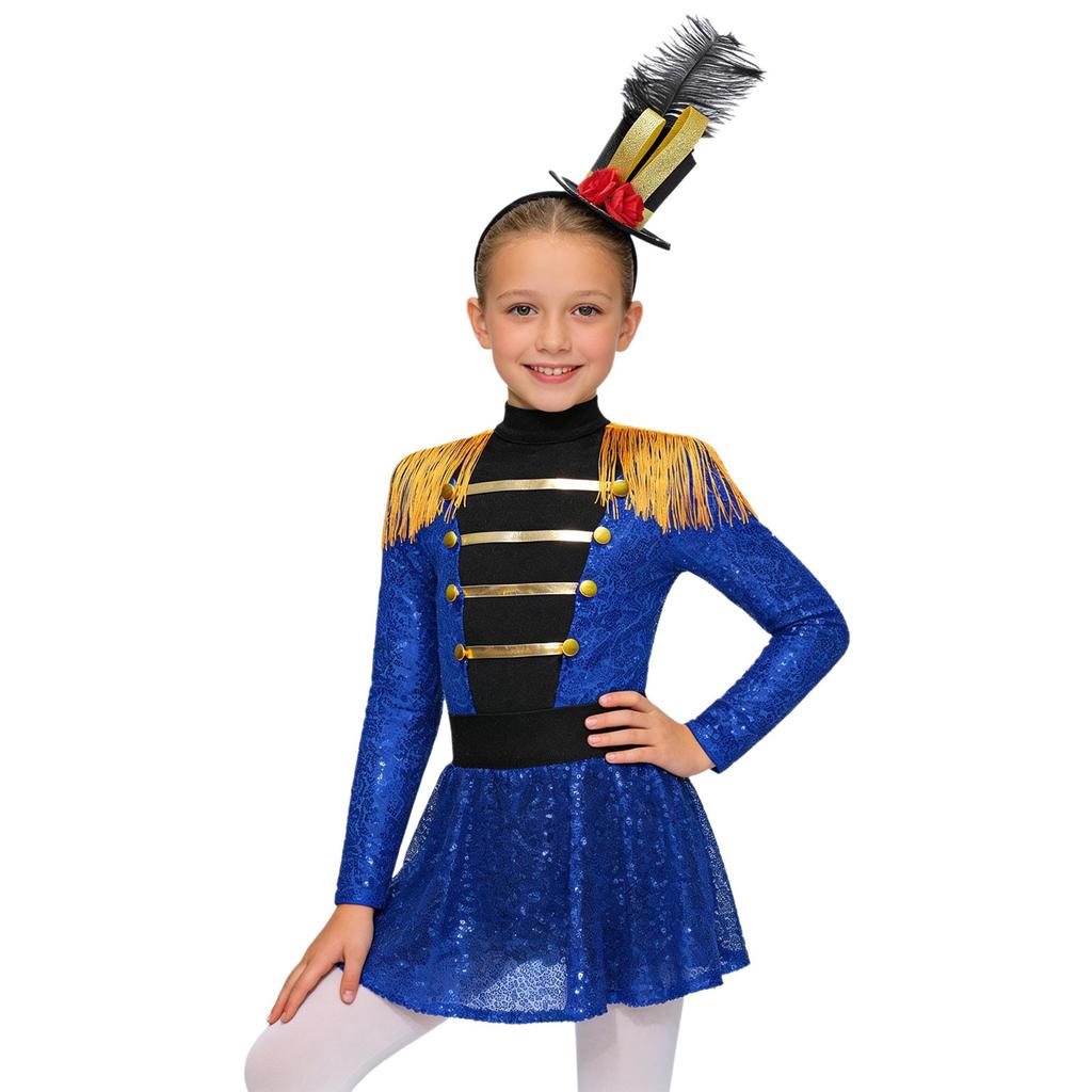 Jenters Sirkus Ringmester Kostymesett Langermet Mock Neck Dusknapp Skulder Glidelås i Ryggen Paljett Bodysuit med Hatt