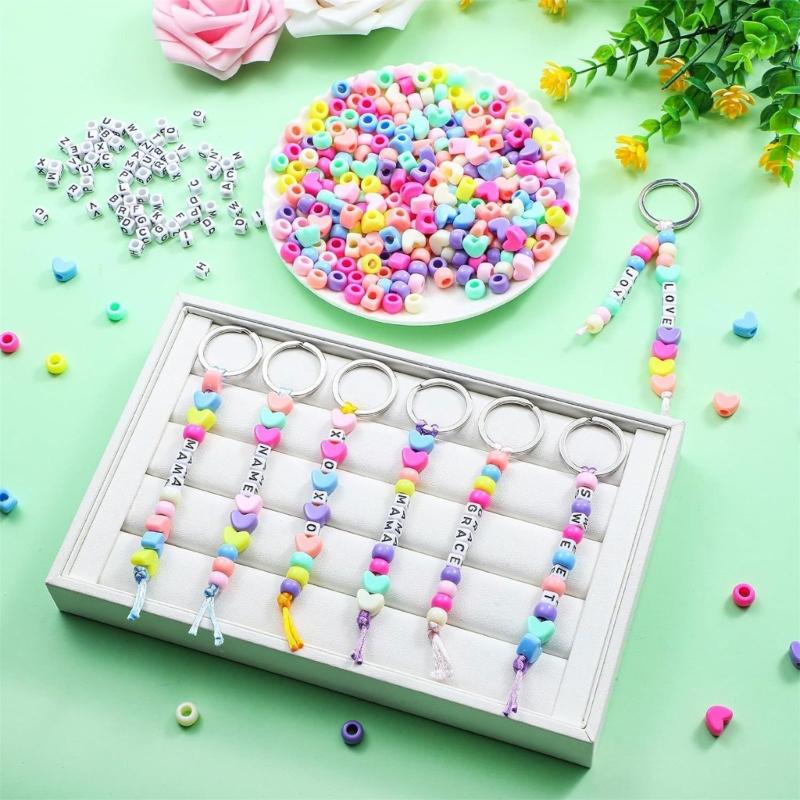 DIY Beaded Keychain Craft Kit, 566-Piece Set with Letter Beads, Cords and Metal Key Rings for Personalized Name Designs
