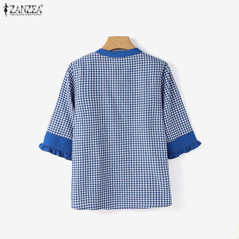 ZANZEA Women Casual V-Neck Loose 3/4 Sleeve Plaid Print Blouse