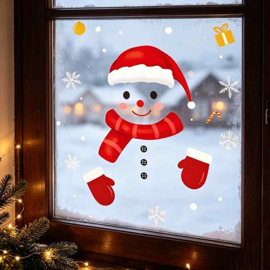 Creative Holiday Gifts Christmas Static Window Clings, Smiling Snowman Decals with Snowflake Transparent Film Patterns, Waterproof PVC Glass
