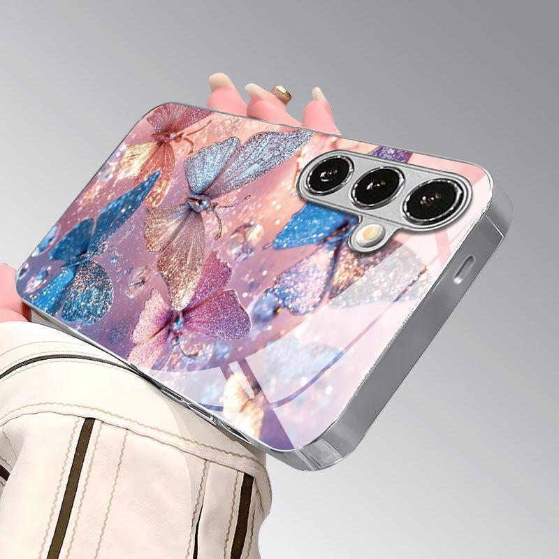 Shiny Butterfly Pattern 2D Phone Case for Samsung S26 S25 S24 S23 S22 S21 S20 A56 A36 A16 Electroplated Glass Protective Cover