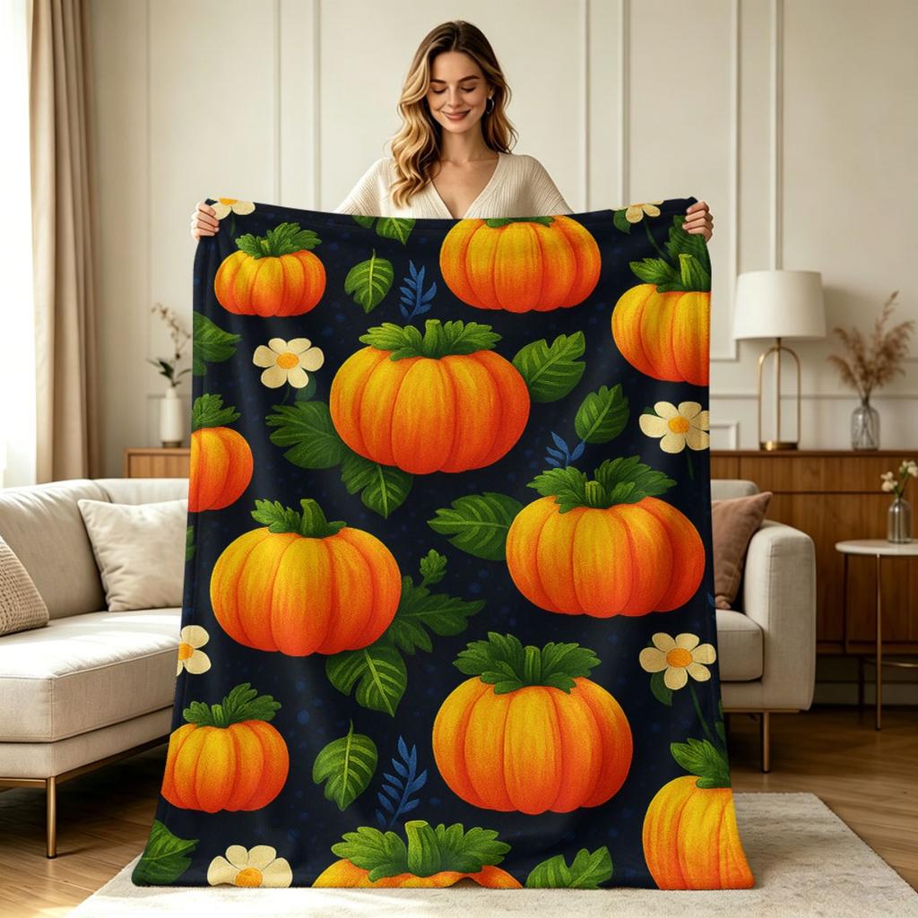 Soft Warm Flannel Pumpkin Floral All Season Blanket for Sofa Couch Office Bed Living Room Cozy Warm Decorative Throw Blanket for Home Indoor Outdoor U