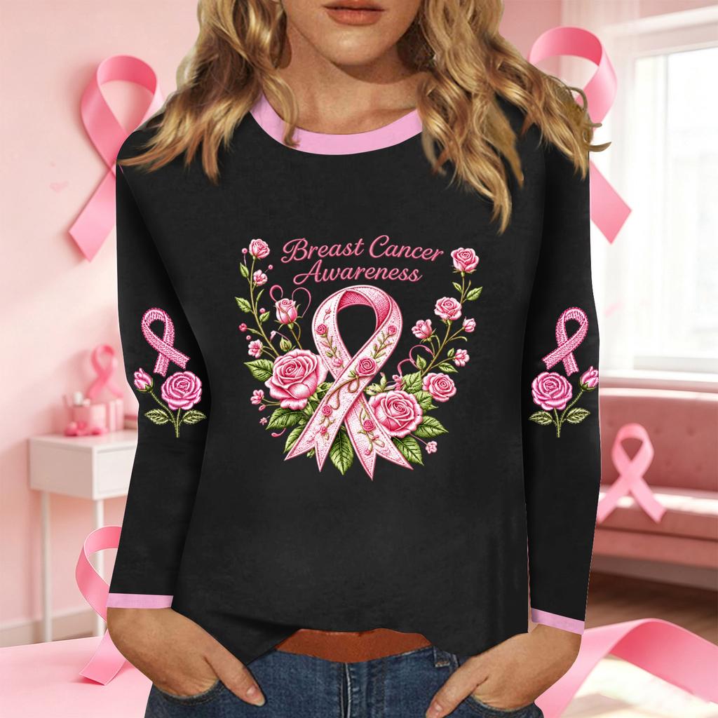 Women's Fashion Long Sleeve Breast Ribbon Print Neck Top