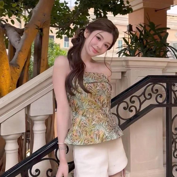 Sleeveless Top Spice Girl Beautiful Back Sweet Small National Style Printed Tube Top Women's Summer Wear One-word Shoulder New Chinese Suspender