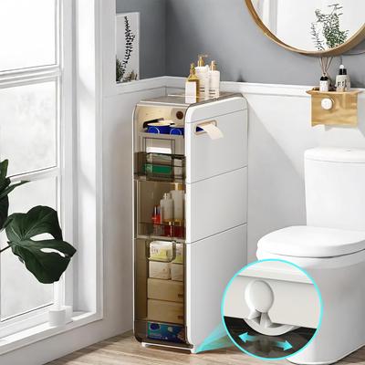 Toilet Storage Cabinet, Plastic Narrow Bathroom Storage with Drawers& Toilet Paper Holder, Waterproof Movable Storage Organizer for Small Space