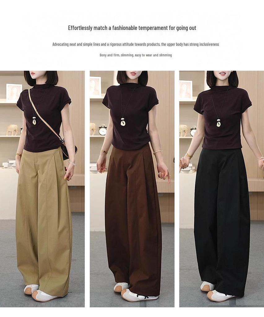 Women's High-Waisted Khaki Wide-Leg Pants with Side Pleats - Slimming, Trendy Fashion for Spring & Autumn 2025