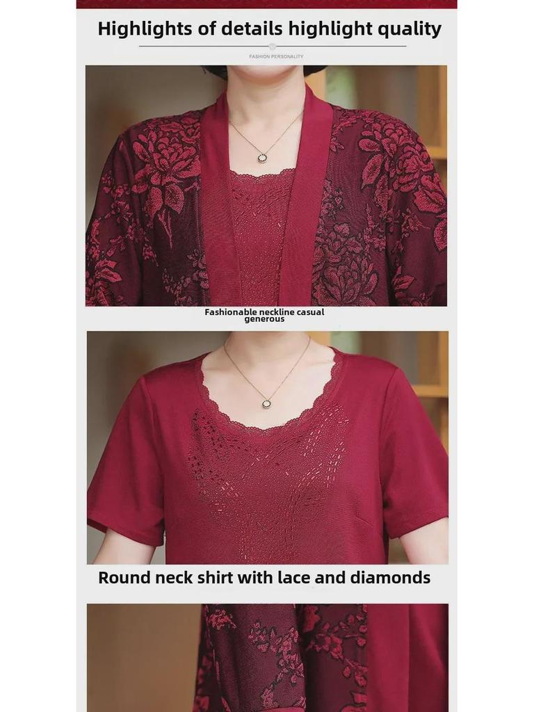 2024 Fashionable Two-Piece Set: Knitted Cardigan Coat for Middle-Aged and Elderly Women - Youthful Spring and Autumn Style