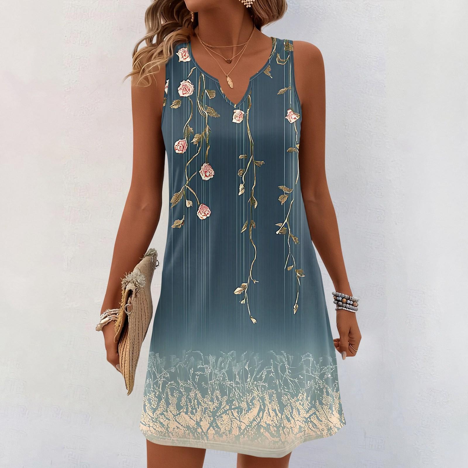 

Жіночі літні сукні з V-подібним вирізом і принтом без рукавів. Повсякденна сукня S Темно-синій