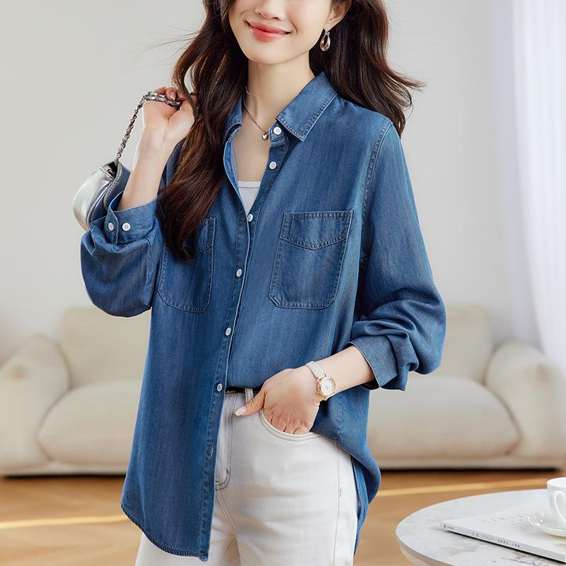 Vintage Stil Alte Jeansbluse für Damen Langärmelig Frühjahrs- und Herbstkleidung Neuestes Design Schulter Lagen-Top