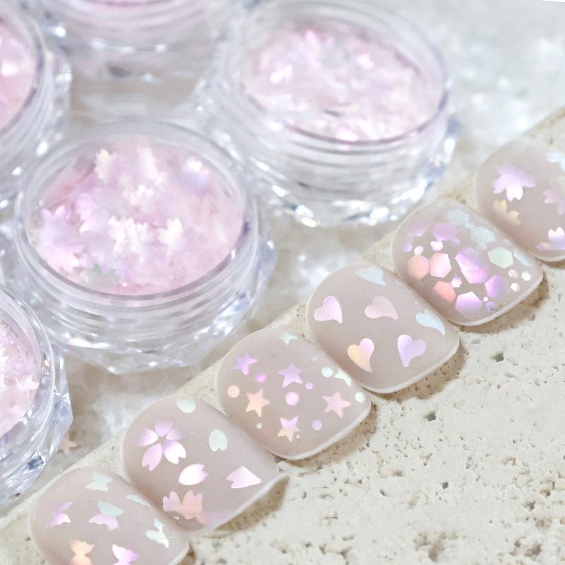 1 eske Blandede former Glimmer Neglepaljetter Polish Fin Glans Sommerfugl Stjerne 3D Dekaler For Negle Skinnende Dekorasjoner Rosa