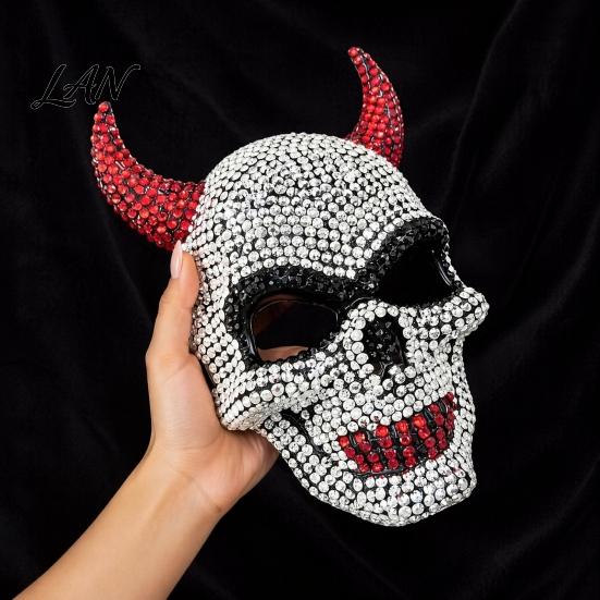 Unique Halloween Event Mask Rhinestone Mask, Sparkly Faux Crystal Demon Horn Masquerade Breathable Face Lightweight Full Cosplay Prop for Party