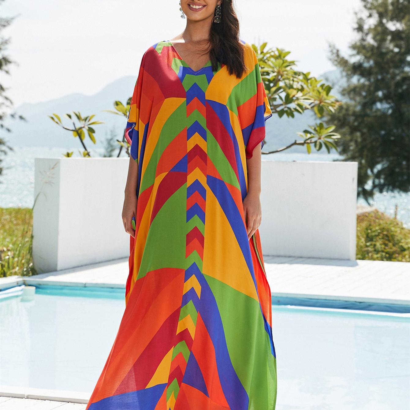 

YYFS женские модные каникулы лето весна геометрический принт с рукавами 1/2 и v-образным вырезом повседневные платья One Size оранжевый