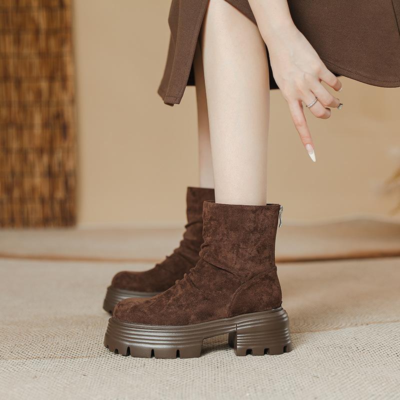 

Women s Shoes Leather Boots Short Boots Pleated Thick-soled Packed Boots Solid Color Autumn and Winter Retro Maillard Elastic Skinny Boots 40 коричневий