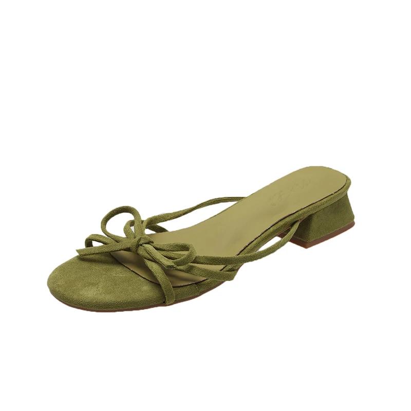 

Модная женская обувь 2024 года, брендовые летние женские тапочки из цельного денима с открытым носком и бабочкой на среднем каблуке, повседневные, лаконичные, повседневные женские тапочки 39 зелёный