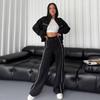 Conjunto casual suelto de dos piezas para mujer para primavera y otoño Sudadera con capucha y cremallera de cuello alto de manga larga Pantalones de pierna ancha con cintura elástica