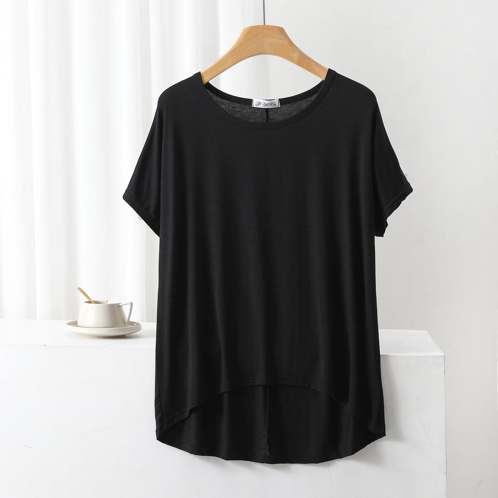 Sommar Lös Passform Modal T-shirt: Kort fram, lång bak, Plusstorlek Fladdermusärm