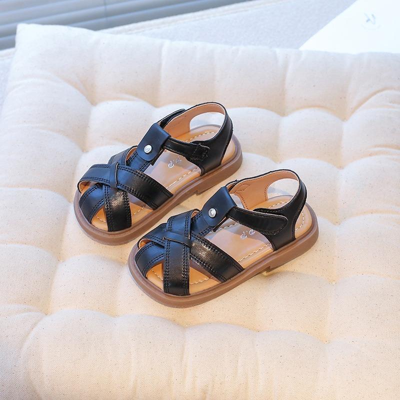 New summer Korean style kids hook-and-loop sandals, closed-toe woven soft sole beach shoes for baby girls 22 чёрный