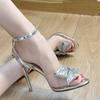 High heels summer transparent word with open toes temperament rhinestone bow silver sandals women