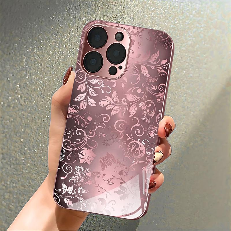 Cute Floral Pattern Pink Metallic Tempered Glass Phone Case For iPhone 11 12 13 14 15 16 17 Pro Max 15 Plus 17 Air 16E Cover