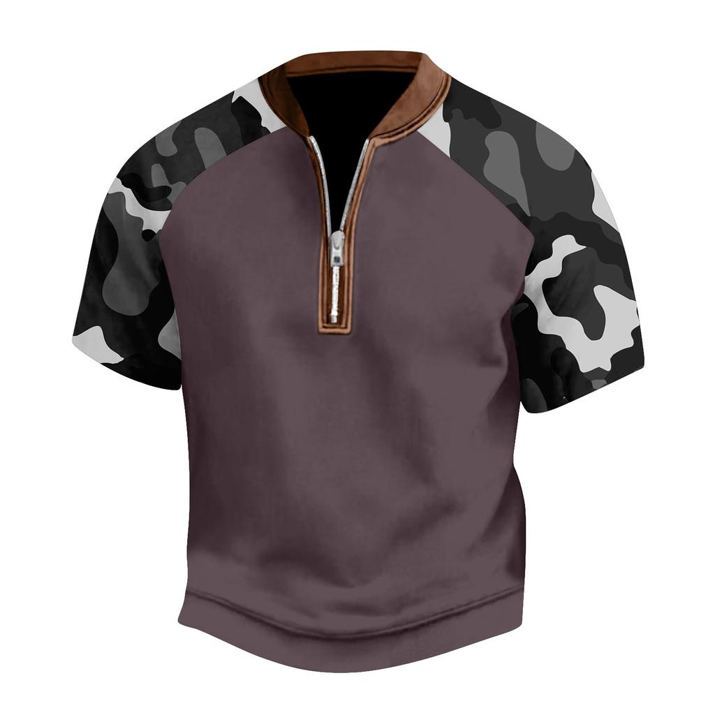 Men's Summer Camouflage Color Casual T-shirt Sports Breathable Zipper Collar Top