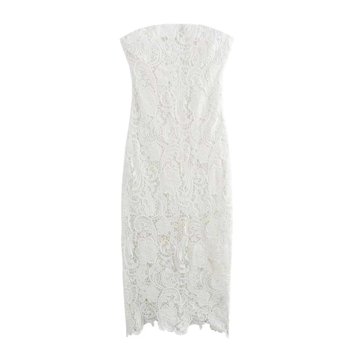 

Зимнее женское кружевное платье без бретелек в европейском и американском стиле, облегающее M белый