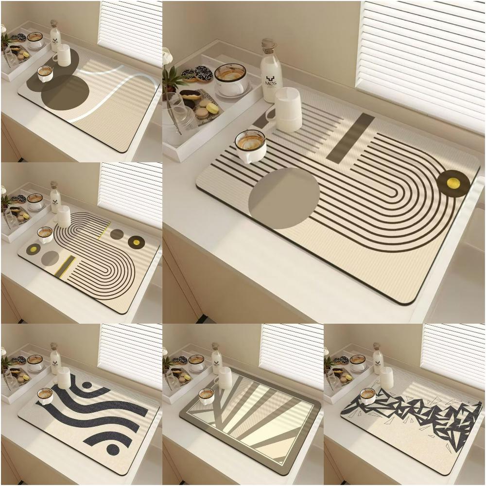 Stylish Line texture dot Diatom Mud Dish Drying Mat Super Absorbent NonSlip Kitchen Drain Pad For Tableware Coffee Machine Decor