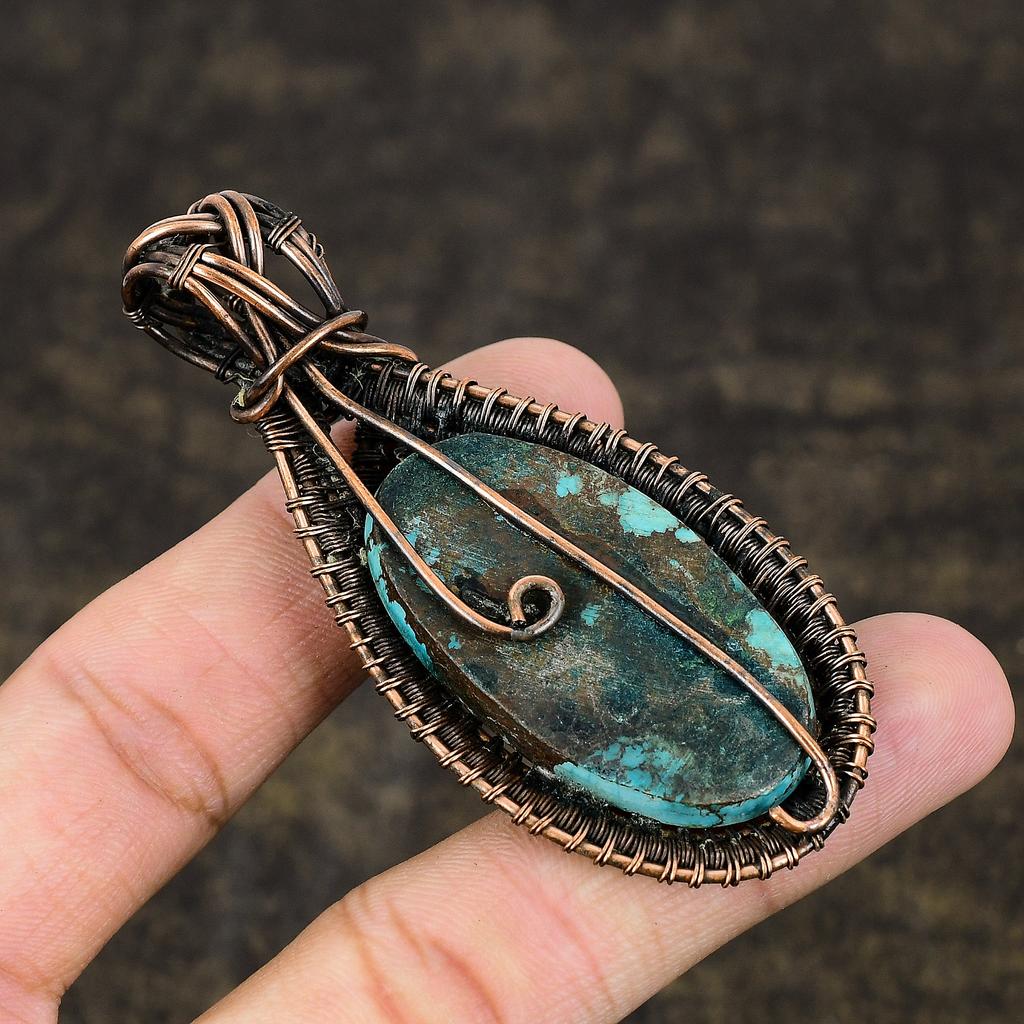Pierre Précieuse Turquoise Tibétaine Naturelle Fil de Cuivre Enroulé Pendentif Cadeau 2.99 K9N50