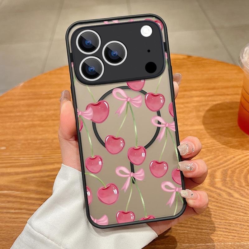 Cherry Bowknots Print Case For iPhone 17 Pro Max Case iPhone 16 15 14 13 Pro Max 17E Magnetic For Magsafe Thin Ring Hybrid TPU+PC Matte Cover