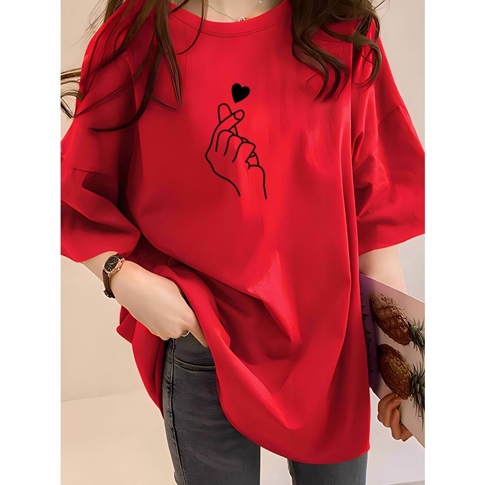 Summer women s heart print letter graphic print fashionable casual sports loose round neck short sleeved T-shirt top S