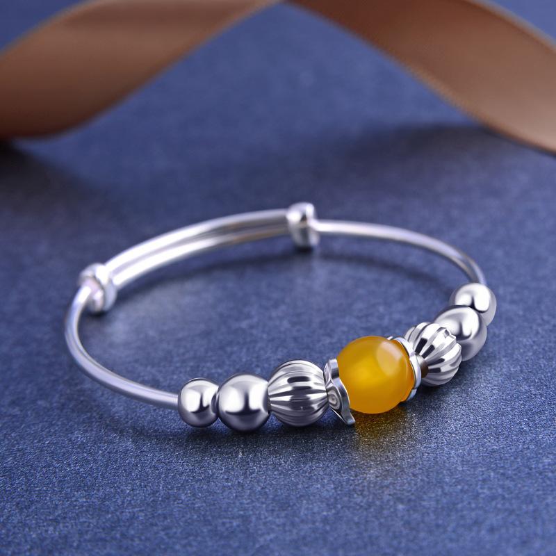 S990 Silver Inlaid with Yellow Chalcedony Beads, Round Bead Baby Bracelet, A Pair of Cute Baby Bracelets, Silver Children's Bracelet