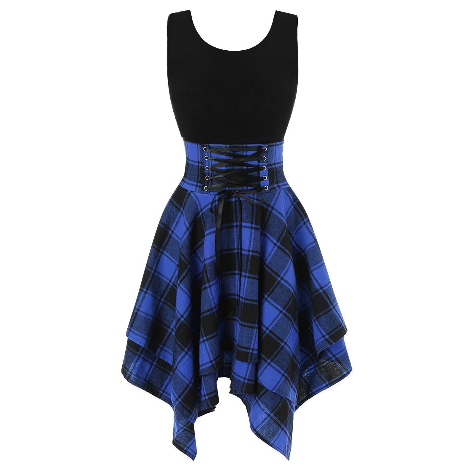 

Women s Gothic Plaid Corset Dress Sleeveless Vintage Handkerchief Hem Skater Dress for Party & Casual Wear XXL синий