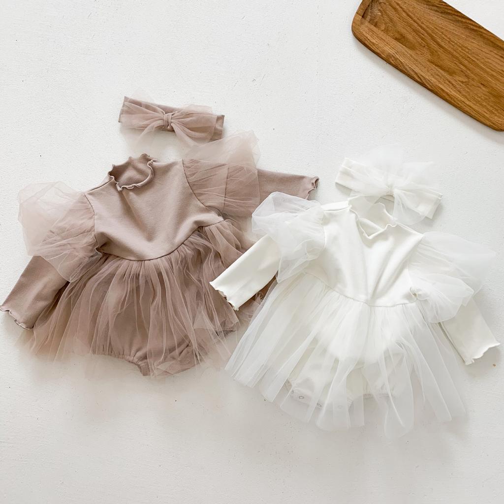 Spring Korean Baby Girl Long Sleeve Romper With Puff Sleeves Princess Dress Onesie For Infants