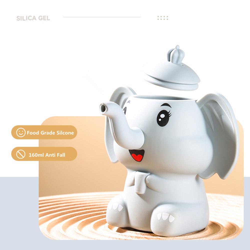 Tazza per Bambini e Neonati a Forma di Elefante Cartone Animato in Silicone per Alimenti con Manico a Forma di Orecchie e Narice Cannuccia 160ML Anti-caduta