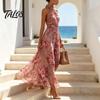 Abito Lungo in Chiffon Floreale da Donna, con Scollo all'Americana, Senza Maniche, Arricciato, Collo Alto, da Ospite di Matrimonio, Cocktail, da Sera