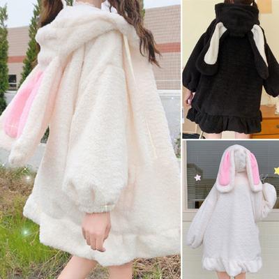 Herbst Winter Frauen Hoodie Bunny Ohren Mit Kapuze Zipper Plüsch Mantel Lolita Elastische Manschette Sweatshirt Jacke für Shopping