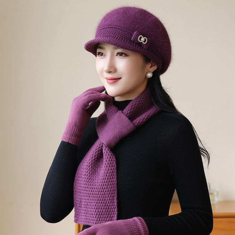 Old Lady Rabbit Fur Warm Knitted Hat Female Mother Plus Fleece Basin Hat Grandma Wind and Cold Scarf Glove Hat