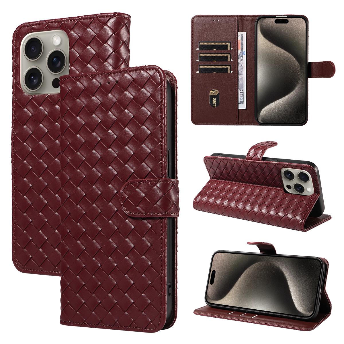 

For IPhone16 15 Pro Max 14 13 12 11 Pro Max Plus 16e Faux Leather Woven Pattern Flip Phone Case Anti-Fall with Card Slots Cover Artificial leather&iPhone 15 Pro Max кларет