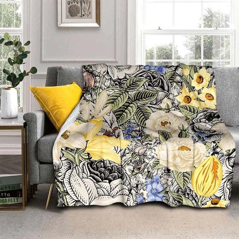 Módní přikrývka se zářivými květinami – lehký flanelový přehoz na pohovku, přikrývka s digitálním potiskem s měkkou a červotočivou flanelovou látkou