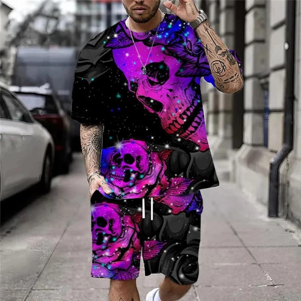 Men's Summer Comfortable Fashionable Skull Theme 3D Printed 2-piece Set Leisure Sports Style Loose Oversized Breathable Sports Wear