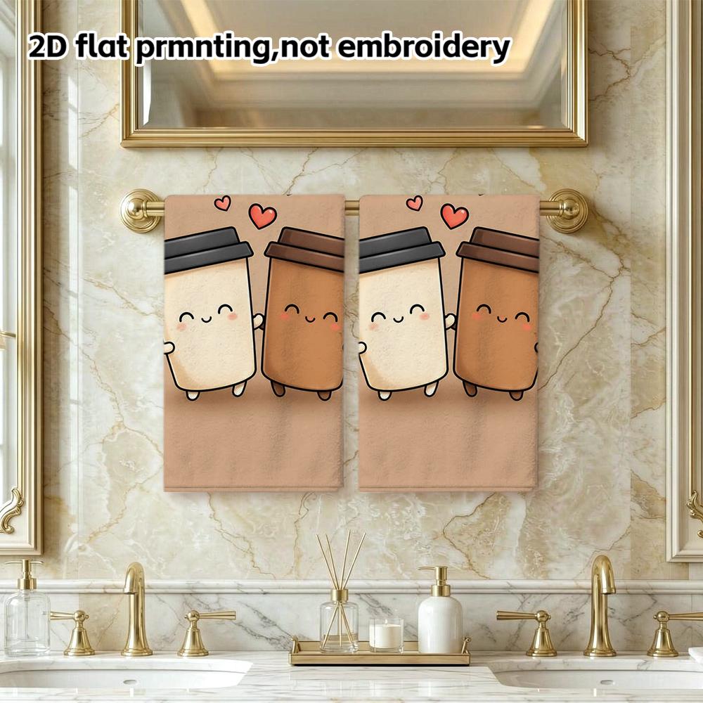 Cute Coffee Cup Couple Absorbent Hand Towel, Cartoon Quick Dry Bath Towel