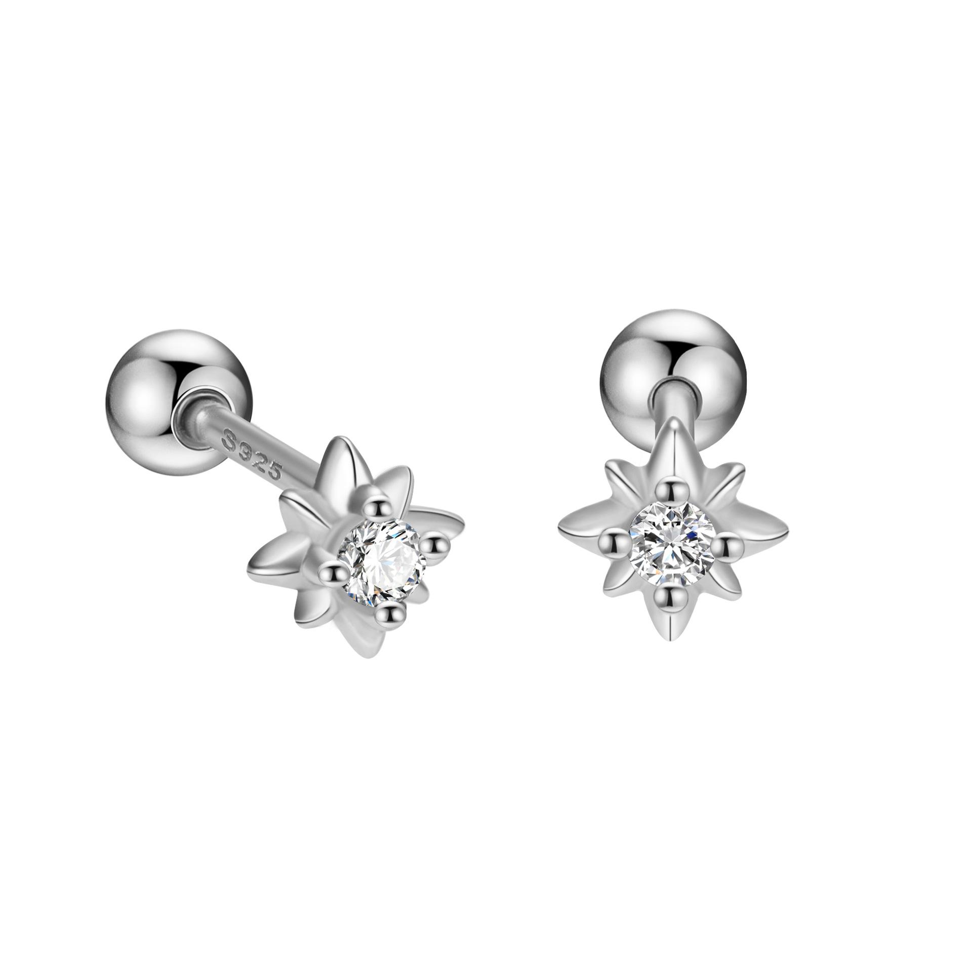 

925 Sterling Silver Inlaid Zircon Star Screw Earrings for Women Fashionable Simple Temperament Silver Jewelry серебряный