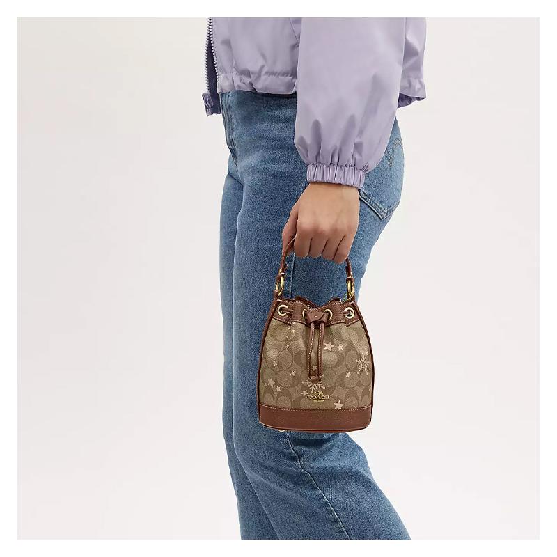 Coach Handbag Dempsey 15 Letter Logo Drawstring Closure Star Snowflake Print Coated Canvas and Pebbled Leather Bucket Bag Hand-held Shoulder Crossbody