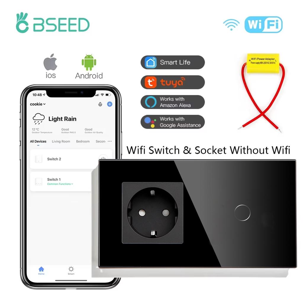 BSEED 1/2/3Gang Wifi Touch Light Switches Tuya Smart Life Alexa App With EU Sockets Power USB Ports Capacitor Included Black