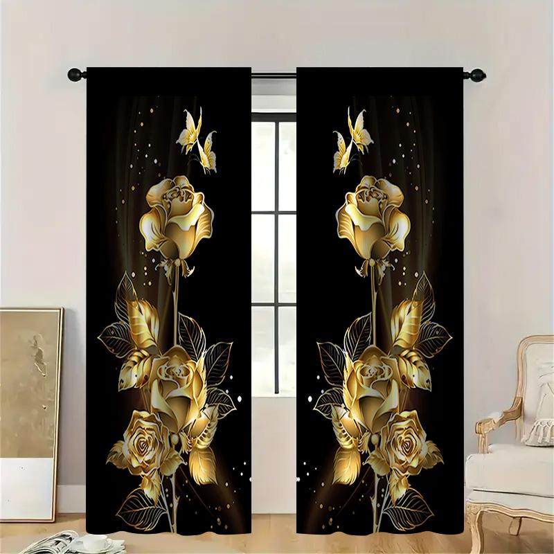 

2PC Luxury Blackout Curtains, Golden Roses & Butterflies Pattern,Elegant Floral Drapes for Living Room & Bedroom, European Decor 53cmX116cmX2pcs&Without mount