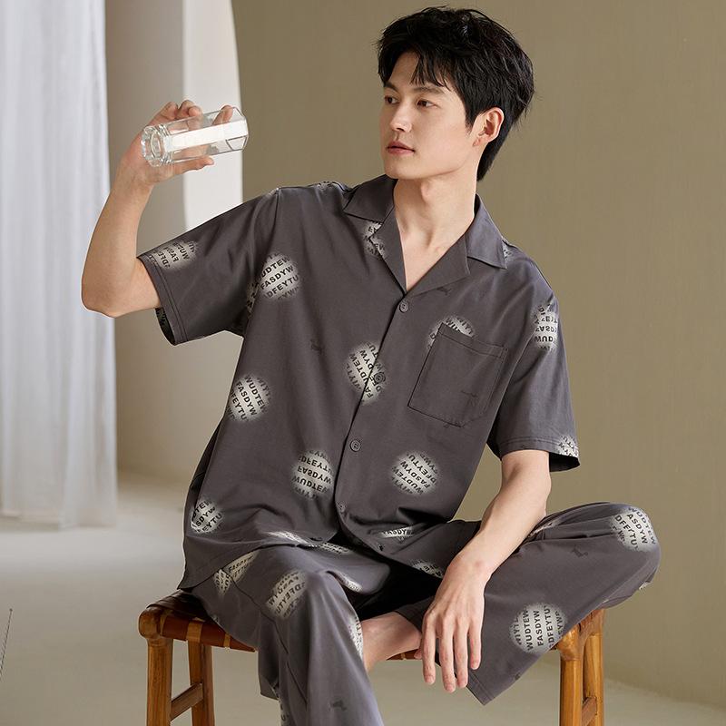 Pajamas Men's Summer Cotton Short Sleeve Pants Set Thin Men's Large Size High-end Fashion Alphabet Homewear
